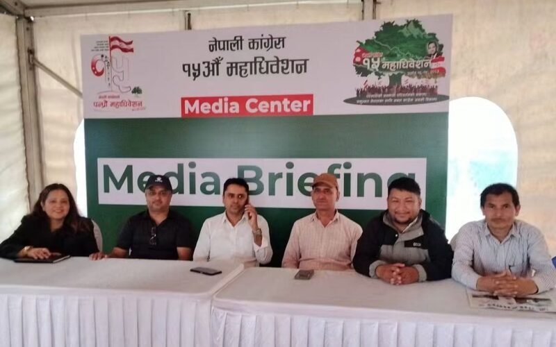कांग्रेसको १५औँ महाधिवेशनको उद्घाटनस्थल खुलामञ्चमा मिडिया सेन्टर तयार